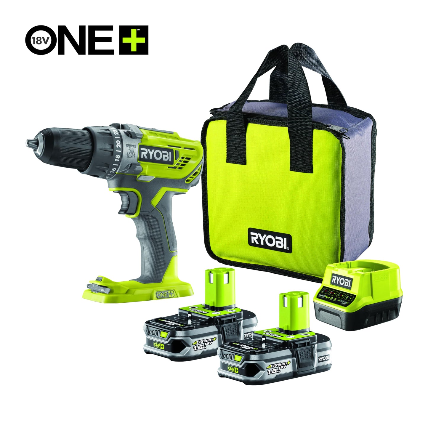 Ryobi R18PD3-215S Trapano Avvitatore a Percussione a Batteria 18V ONE+, Include Due Batterie 1.5Ah, 24 Regolazioni di Frizione, Luce LED, per Legno, Metallo e Muratura