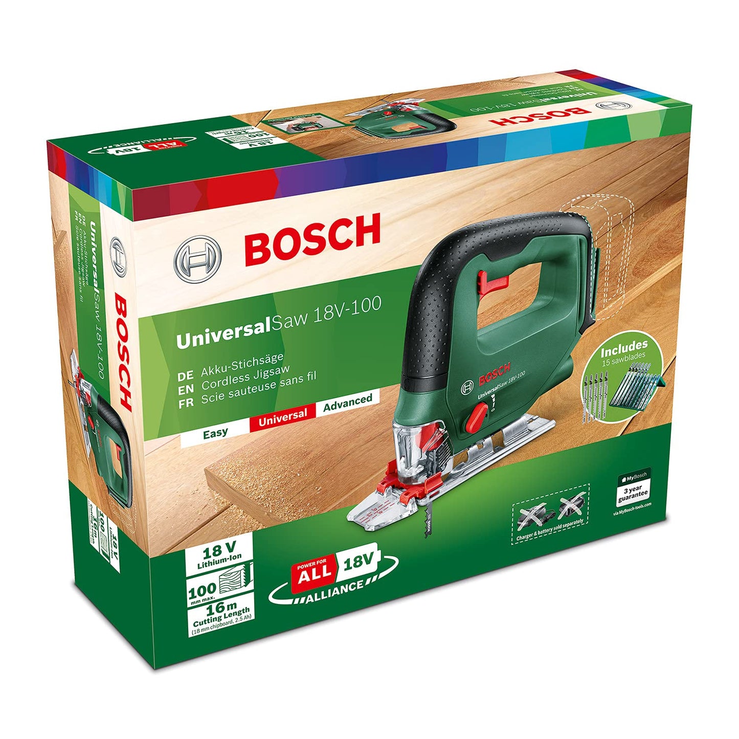 Bosch Home and Garden 0603011101 Bosch Seghetto Alternativo UniversalSaw 18V-100 (Senza Batteria, Sistema da 18 Volt, Incluso Set di 15 Lame, Confezione in Cartone) – Amazon Edition