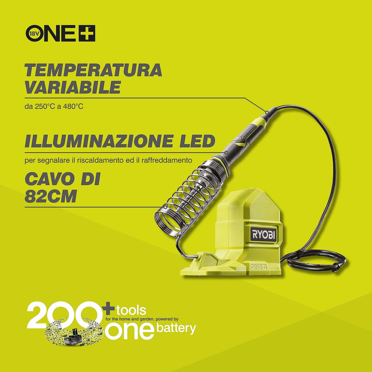 Ryobi RSI18-0 Saldatore 18V ONE+, Batteria Non Inclusa, per Lavori di Precisione, Temperatura Regolabile da 200° a 480° C, Impugnatura Ergonomica, Luce LED Inclusa