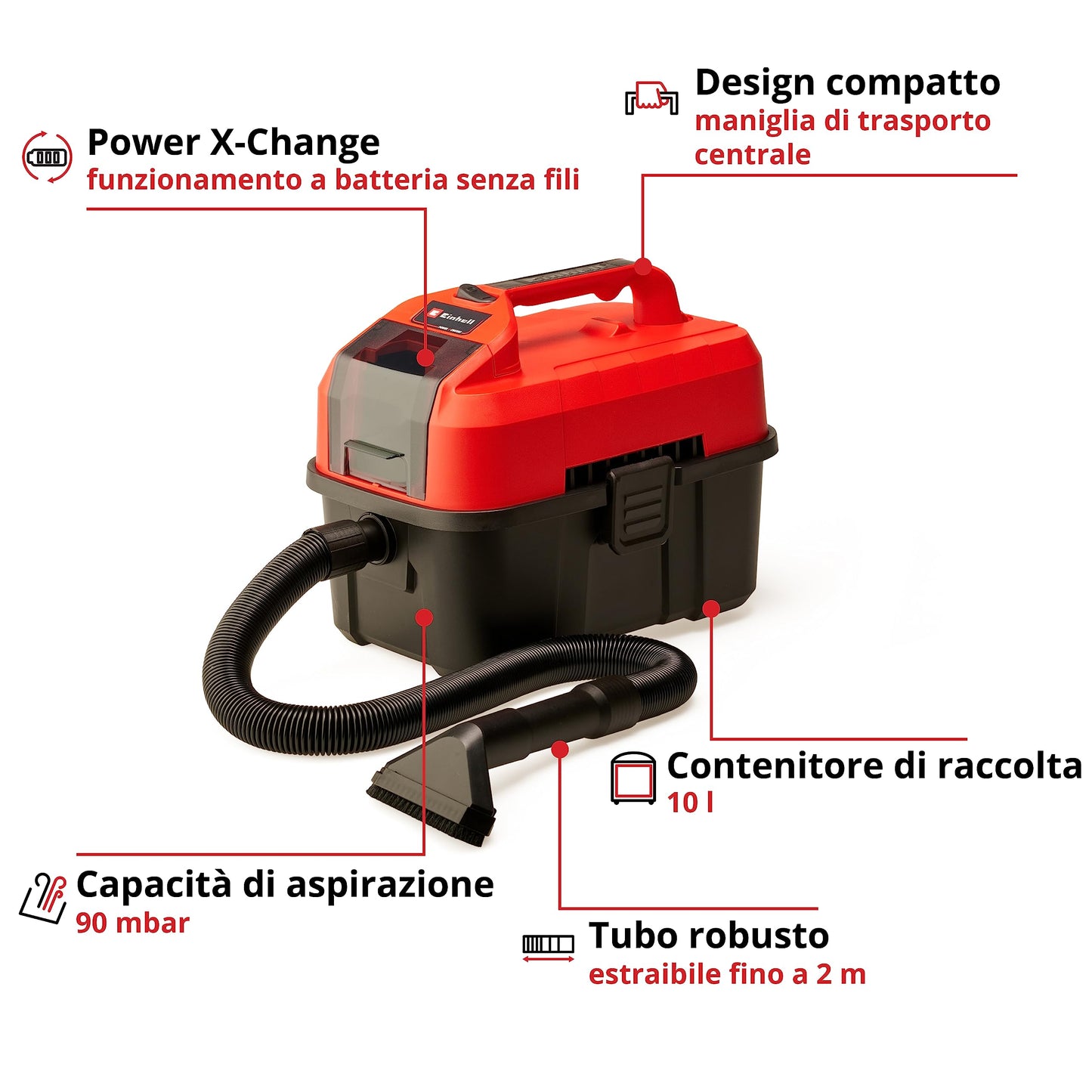 Einhell TE-VC 18/10 Li-Solo Aspirasolidi e liquidi Power X-Change (Vano 10 L, depressione 90 mbar, tubo fles. 2 m, accessoriato, senza batteria e caricabatteria)