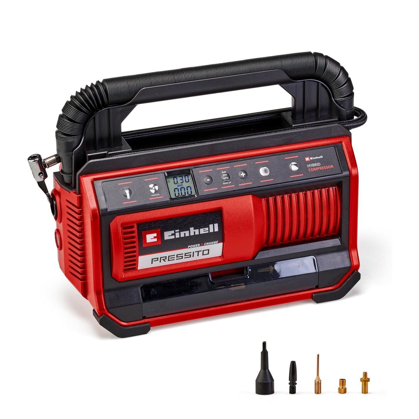 Einhell Compressore ibrido PRESSITO 18/25 Hybrid Power X-Change(18 V, funzionamento con cavo di alimentazione o batteria, max. 11 bar, incl. kit 4 adattatori e 2 tubi flessibili, senza batteria)