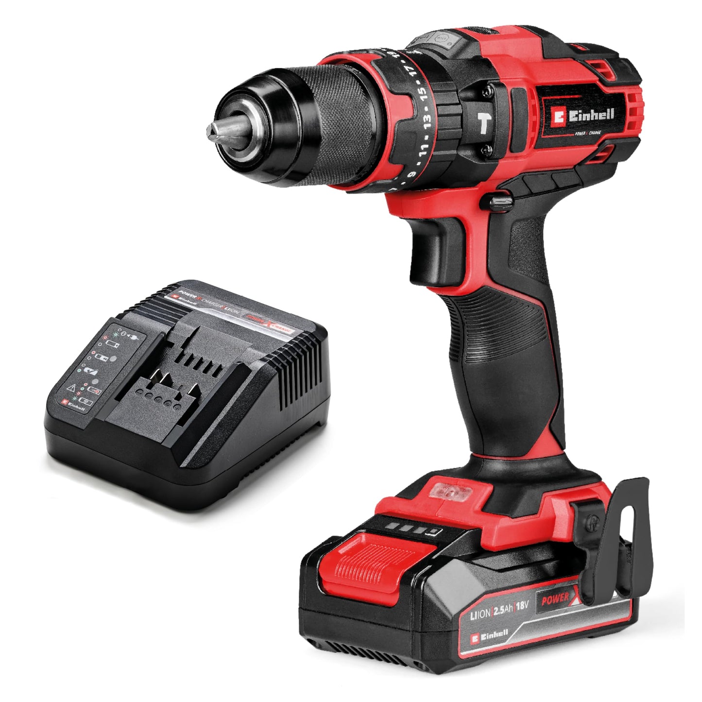 Einhell Trapano a percussione a batteria TE-CD 18/44 Li-i (1x2,5Ah) Power X-Change (18 V, 44 Nm, funzione percussione, mandrino in metallo 13 mm, 2 velocità, batteria da 2,5 Ah e caricabatterie)