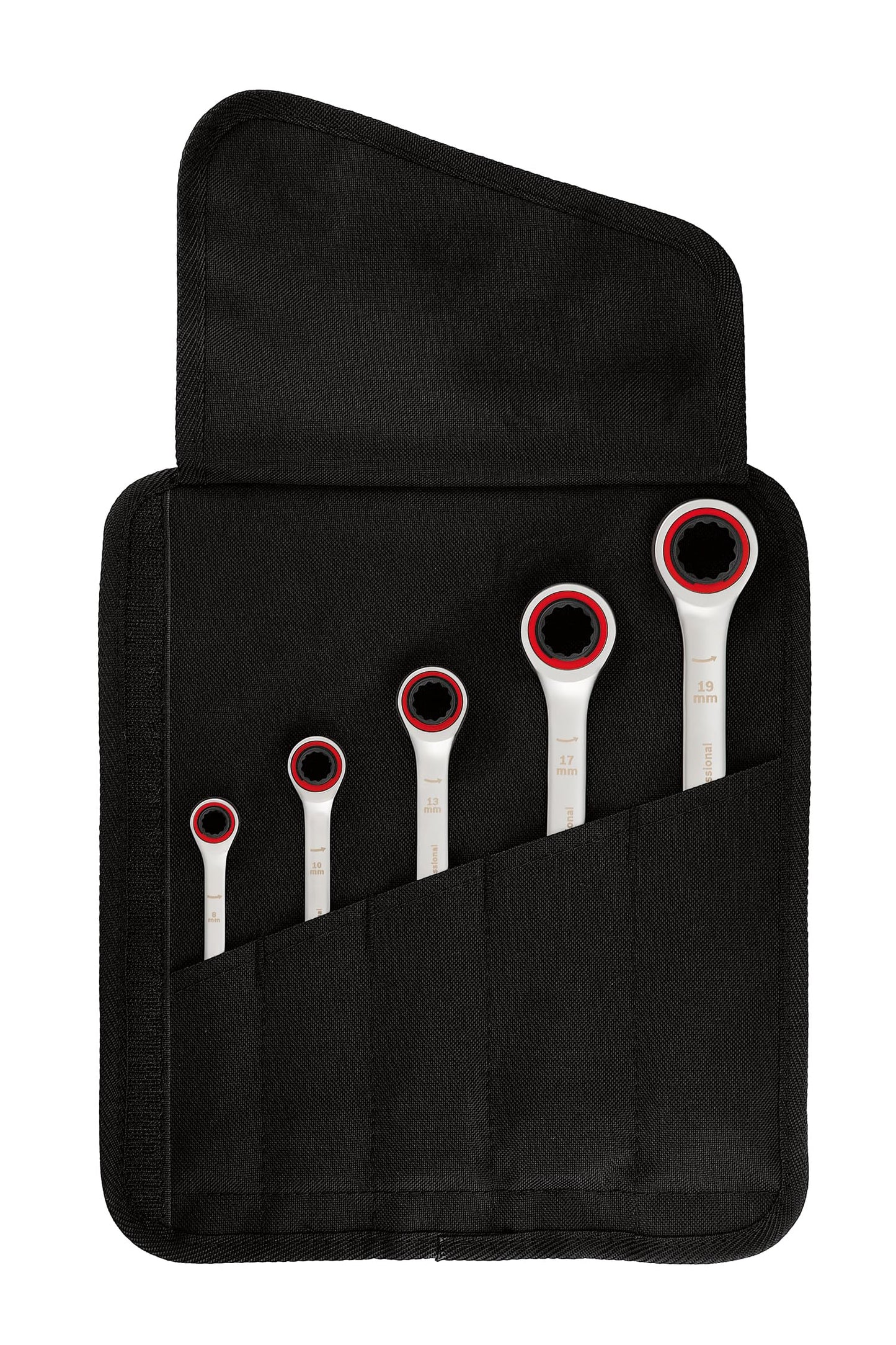 Bosch Professional Set chiavi a cricchetto (5 pezzi, dimensioni standard 8mm-19mm, acciaio al cromo-vanadio, in borsa di tela pieghevole)