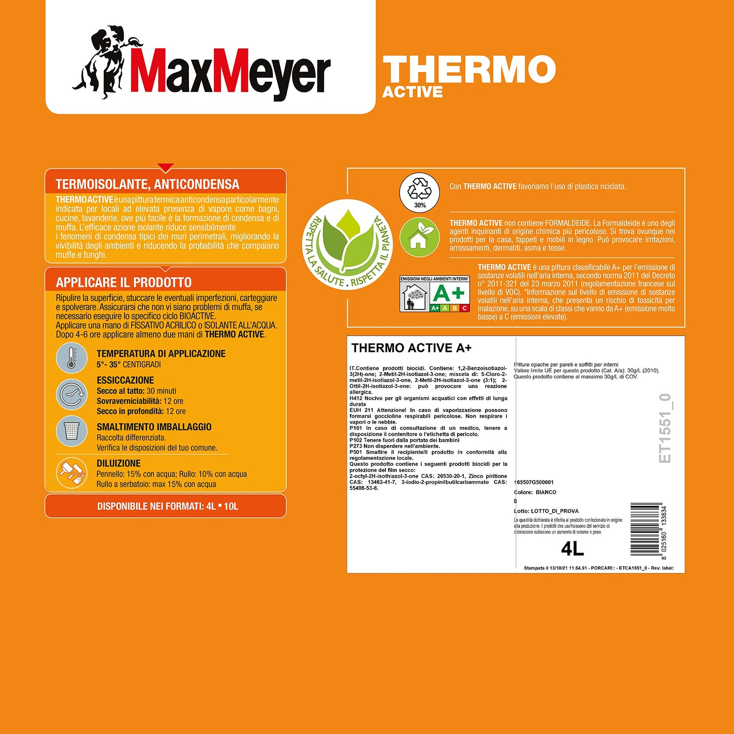 MaxMeyer Pittura per interni termica, antimuffa, anticondensa, A+ e priva di formaldeide, Thermo A+ Active BIANCO 4 L