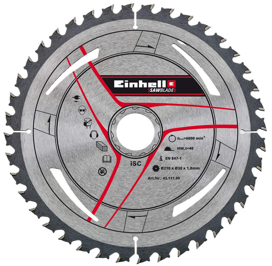 Einhell - Lama per taglio sottile in metallo duro originale (accessorio per sega Stationäres, 40 denti, max giri 6000 min-1, Ø 210 x Ø 30 x 1,8 mm)