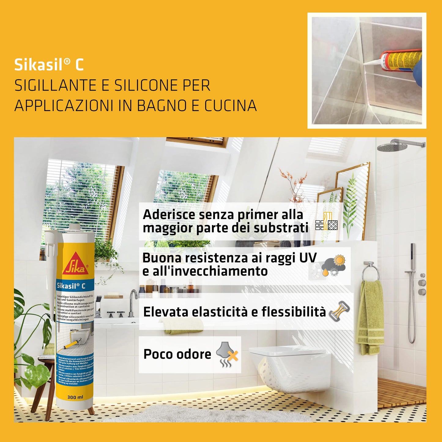 Sika - Sikasil C, Trasparente - Sigillante siliconico multiuso per applicazioni in bagni e cucine - Resistente a raggi UV, funghi e muffa - 300ml