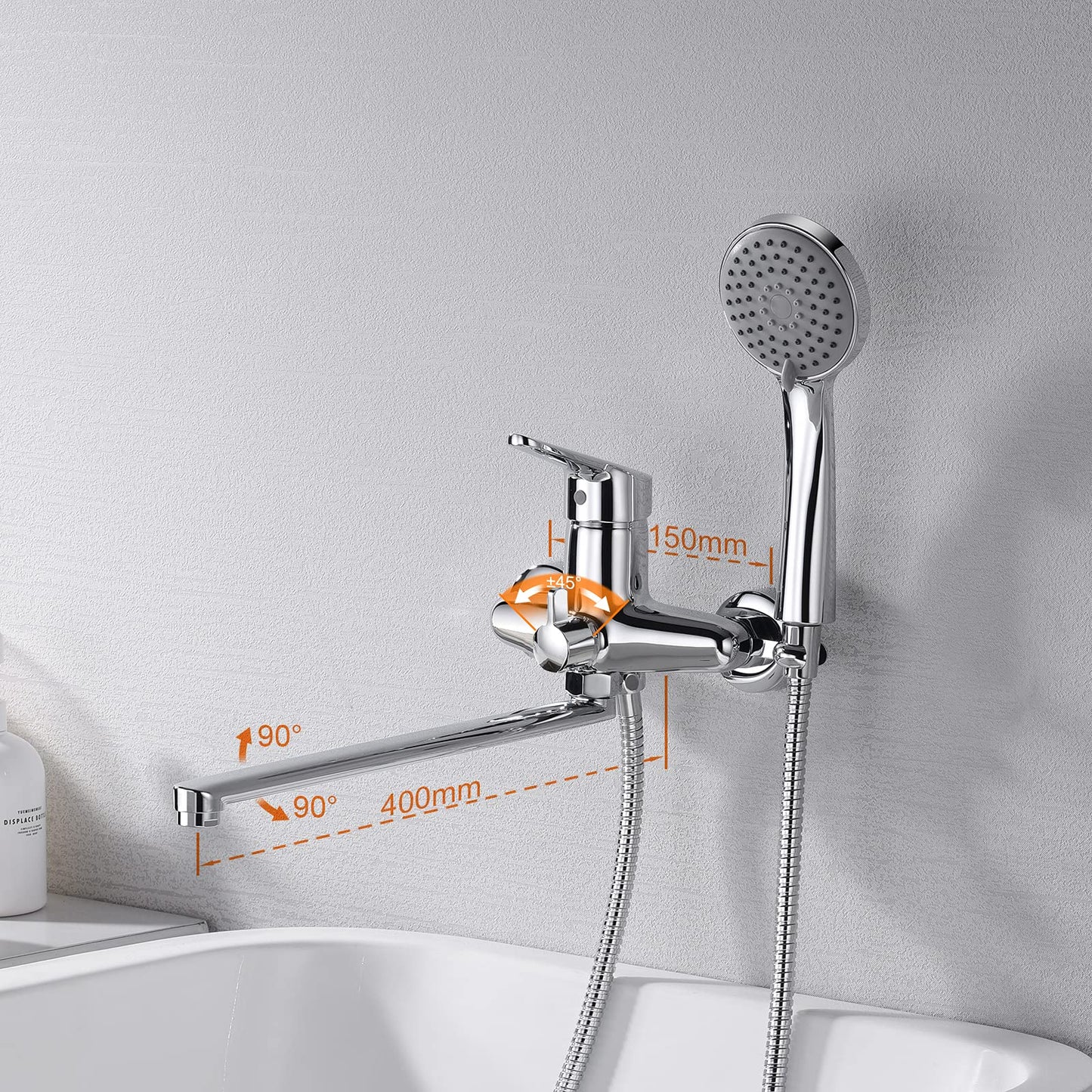 Ibergrif M13150 Rubinetto Miscelatore per Vasca da Bagno con 3 Modalità Sistema Doccia a Pioggia con Flessibile Doccia 180 cm e Bocchetta Allunga (40 cm) Rubinetto Doccia con Supporto Doccia, Argento